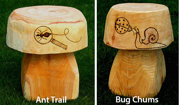 Wooden Mushroom Seats with Bug Design