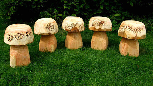 Wooden Mushroom Seats with Bug Design
