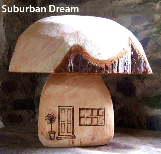 Wooden Mushroom Seats with House Design