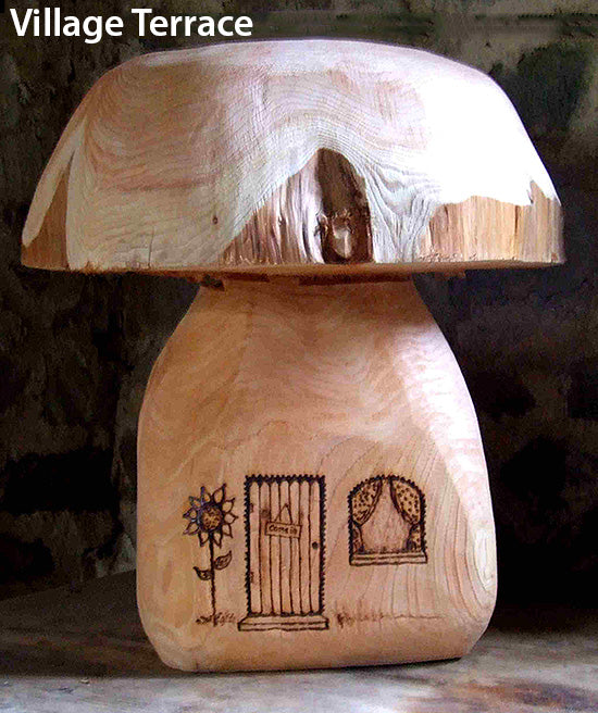 Wooden Mushroom Seats with House Design