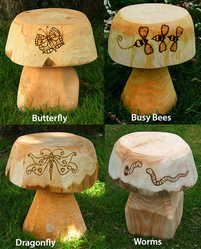 Wooden Mushroom Seats with Bug Design